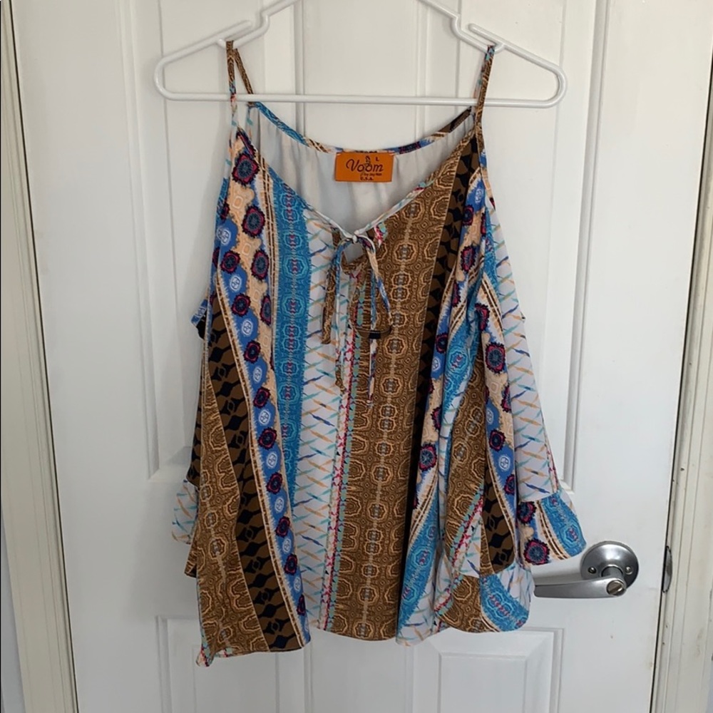 Patterned open shoulder shirt with flare sleeves
